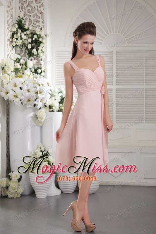 wholesale pink a-line / princess straps tea-length chiffon hand flower bridesmaid dress