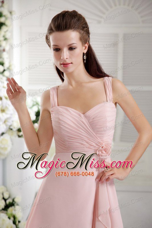 wholesale pink a-line / princess straps tea-length chiffon hand flower bridesmaid dress
