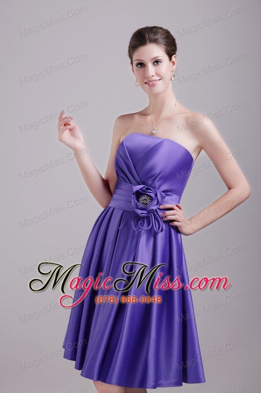wholesale purple a-line / princess strapless knee-length satin handle-made flower bridesmaid dress