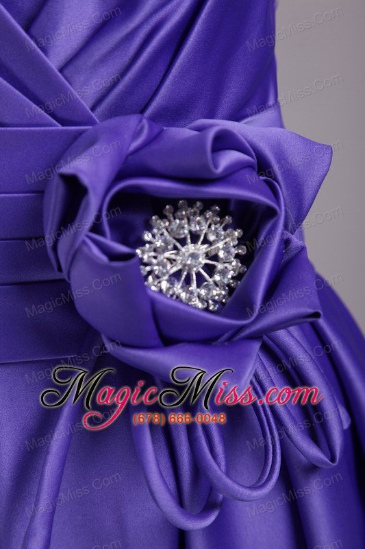 wholesale purple a-line / princess strapless knee-length satin handle-made flower bridesmaid dress