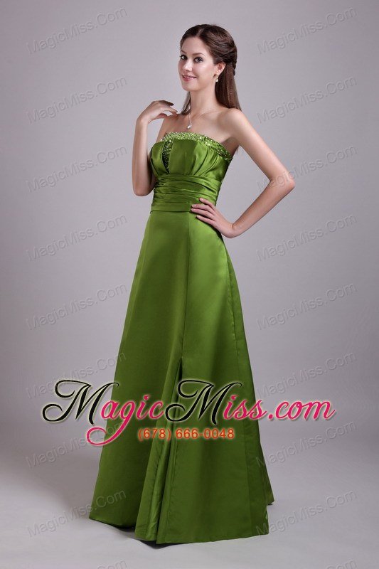 wholesale olive green a-line / princess strapless floor-length satin beading prom dress