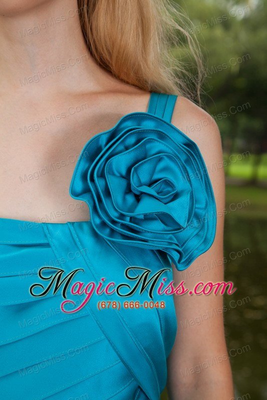 wholesale turquiose column one shoulder knee-length satin hand made flower prom / homecoming dress