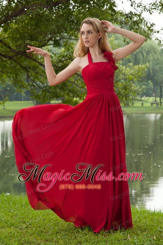 wholesale red empire halter brush train chiffon ruch prom dress