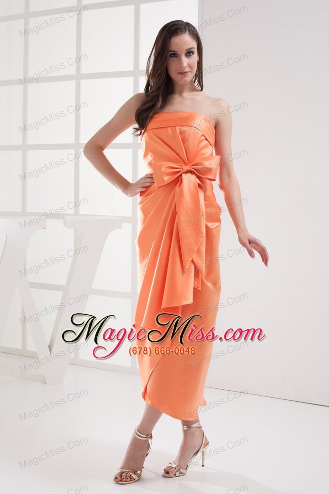 wholesale column orange strapless bow satin ruching bridesmaid dress