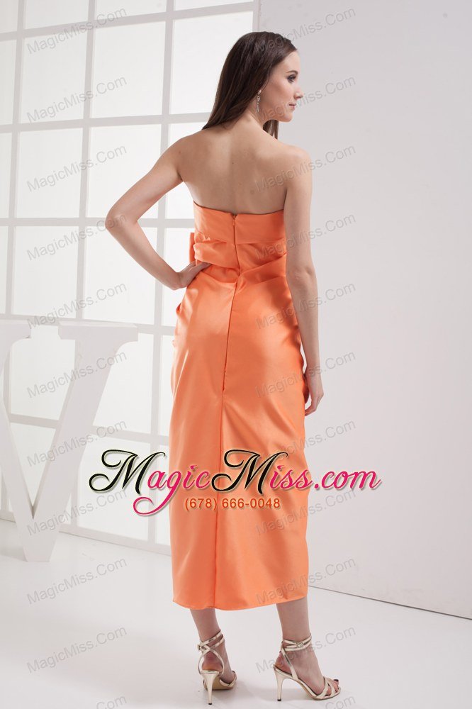 wholesale column orange strapless bow satin ruching bridesmaid dress