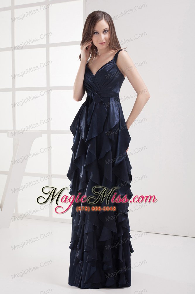 wholesale column navy blue v-neck ruffled layers ruching prom dress