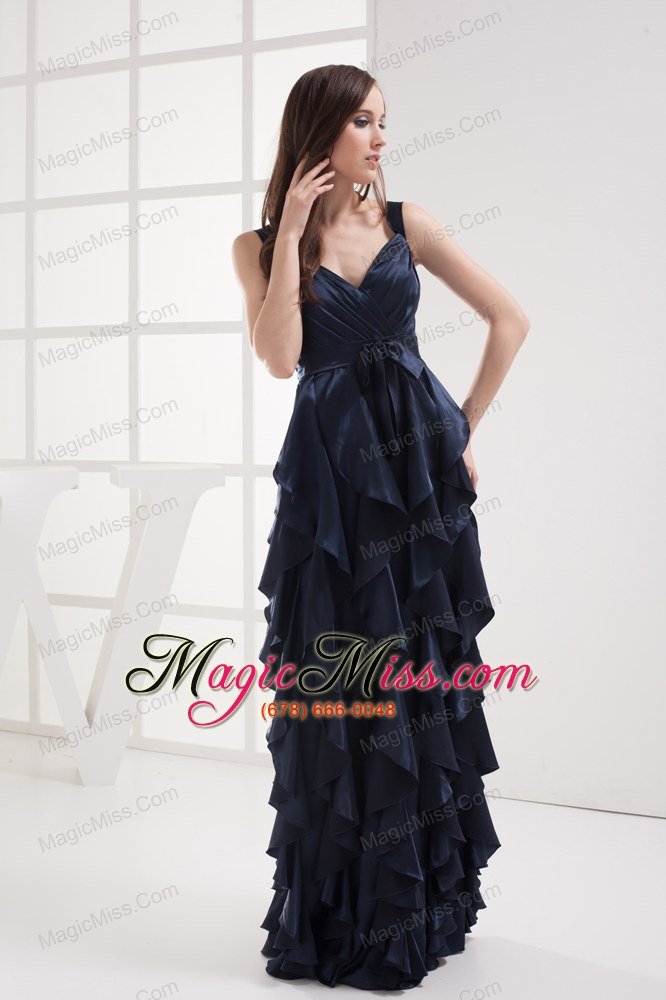 wholesale column navy blue v-neck ruffled layers ruching prom dress