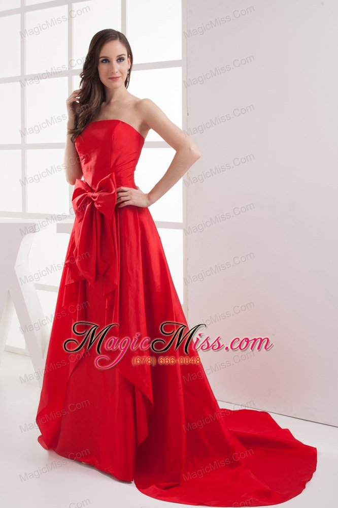 wholesale red a-line bowknot brush train taffeta prom dress