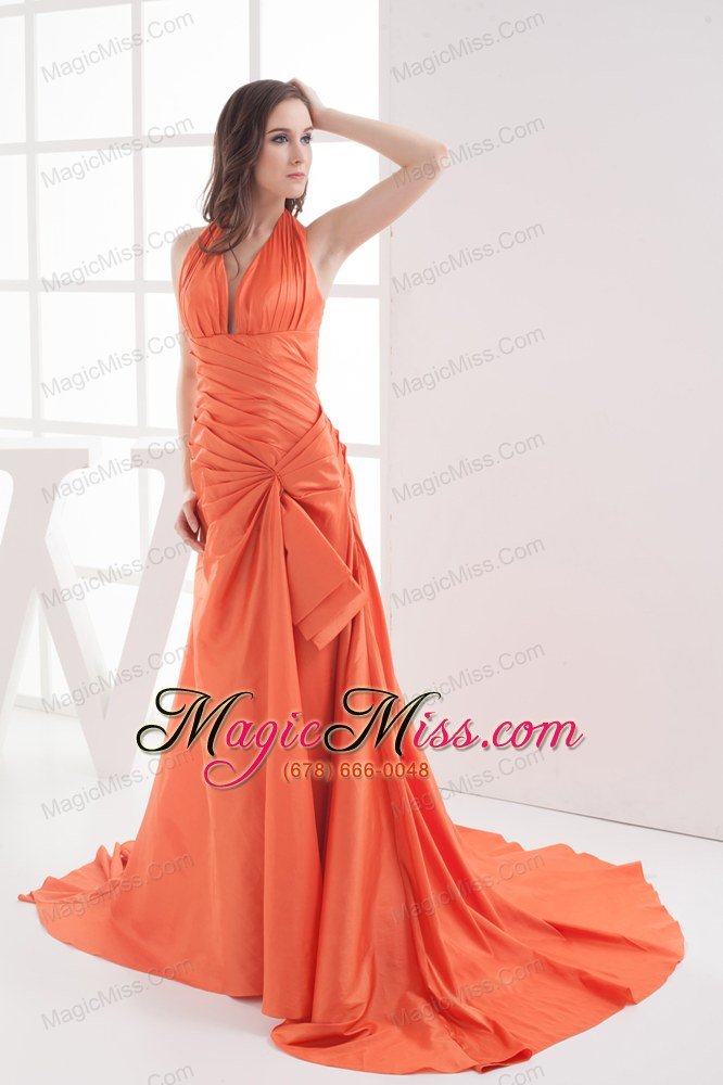 wholesale halter top orange court train ruching prom dress