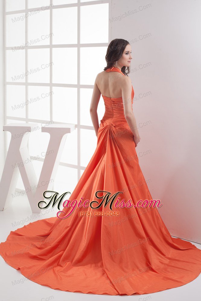 wholesale halter top orange court train ruching prom dress