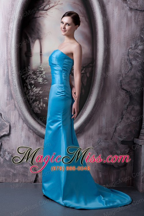 wholesale aqua blue column strapless brush train elastic woven satin bridesmaid dress