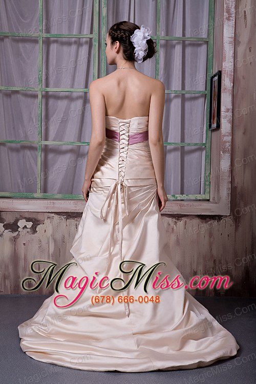 wholesale champagne a-line / princess strapless brush train belt and beading satin bridesmaid dress