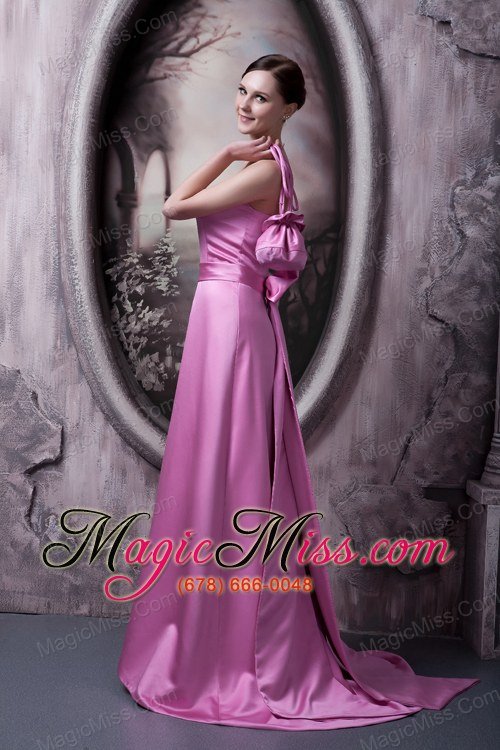 wholesale rose pink a-line / princess strapless brush train satin bow bridesmaid dress