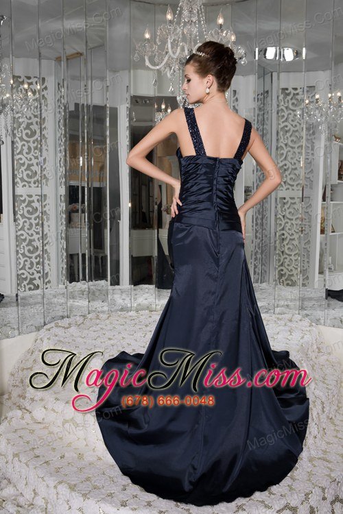 wholesale modest navy blue empire prom / evening dress scoop taffeta beading brush train