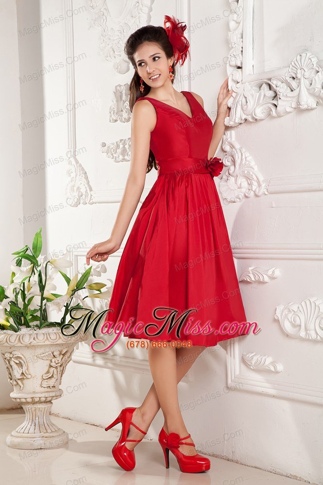 wholesale red a-line v-neck knee-length taffeta hand made flowers prom / homecoming dress