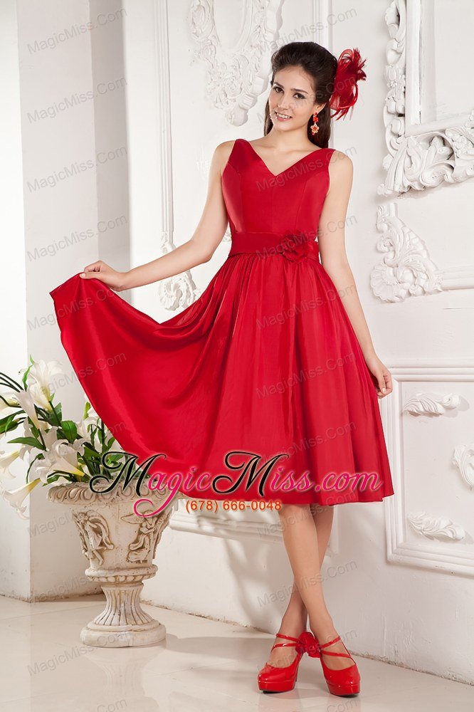 wholesale red a-line v-neck knee-length taffeta hand made flowers prom / homecoming dress