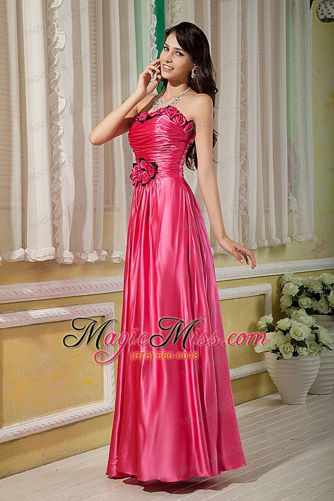 wholesale hot pink empire strapless floor-length elastic woven satin hand made flowers prom dress