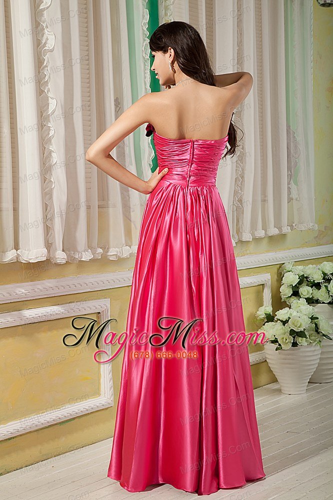 wholesale hot pink empire strapless floor-length elastic woven satin hand made flowers prom dress