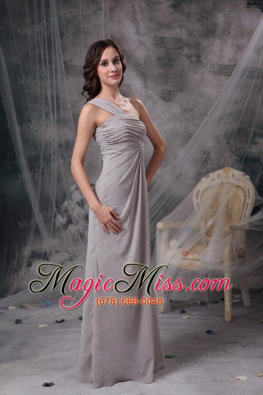 wholesale grey column one shoulder floor-length chiffon ruch bridesmaid dress