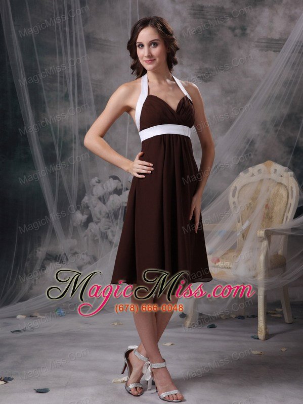 wholesale brown column halter knee-length chiffon ruch bridesmaid dress