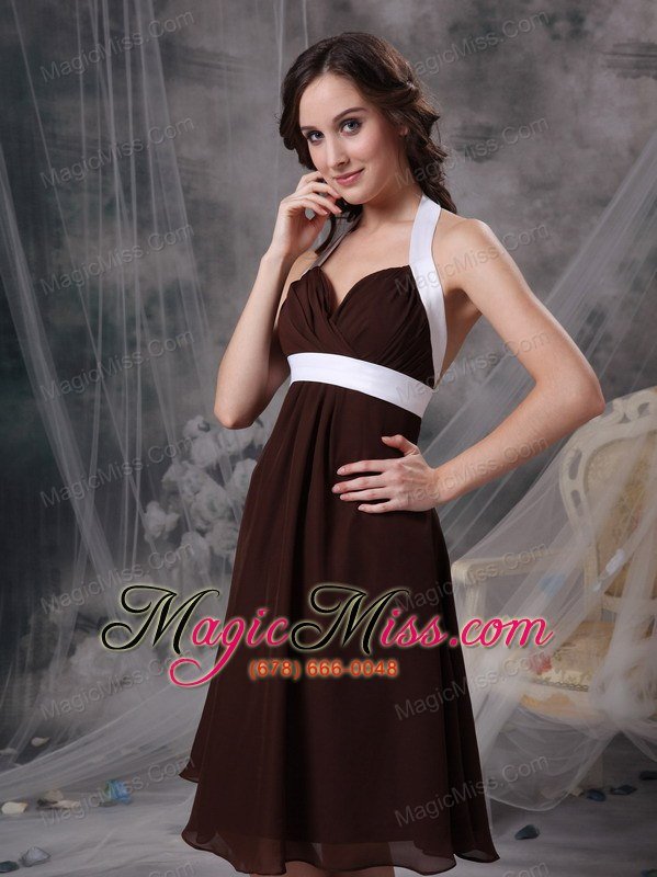 wholesale brown column halter knee-length chiffon ruch bridesmaid dress
