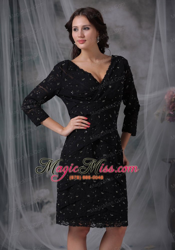 wholesale black column v-neck knee-length 3/4 sleeves special fabric mother of the bride dress
