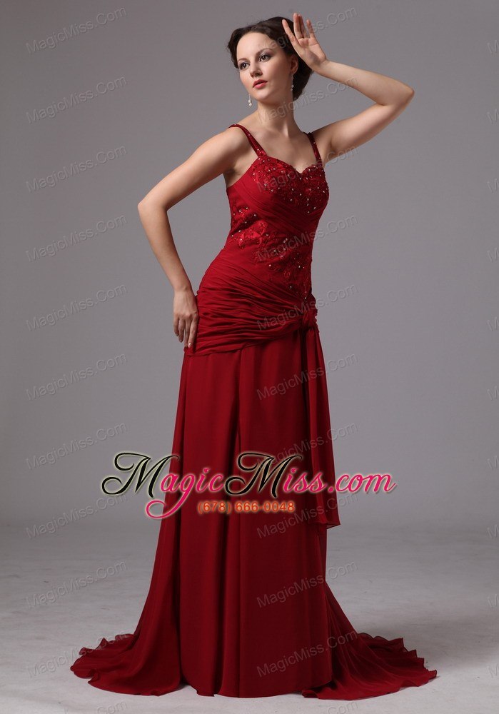 wholesale wine red spaghetti straps mother of the bride dress with appliques and beading brush train for custom made in cleveland georgia