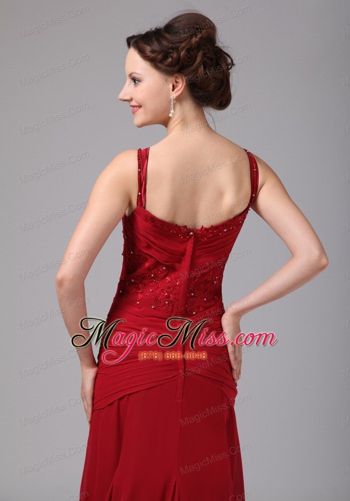 wholesale wine red spaghetti straps mother of the bride dress with appliques and beading brush train for custom made in cleveland georgia