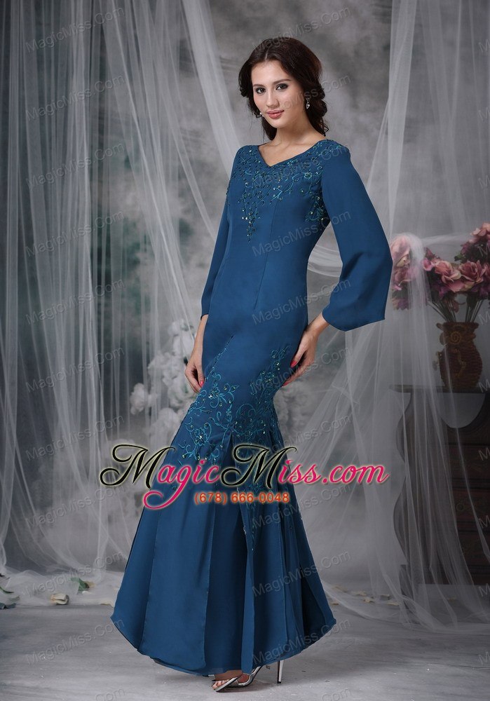 wholesale green mermaid v-neck ankle-length satin beading mother of the bride dress