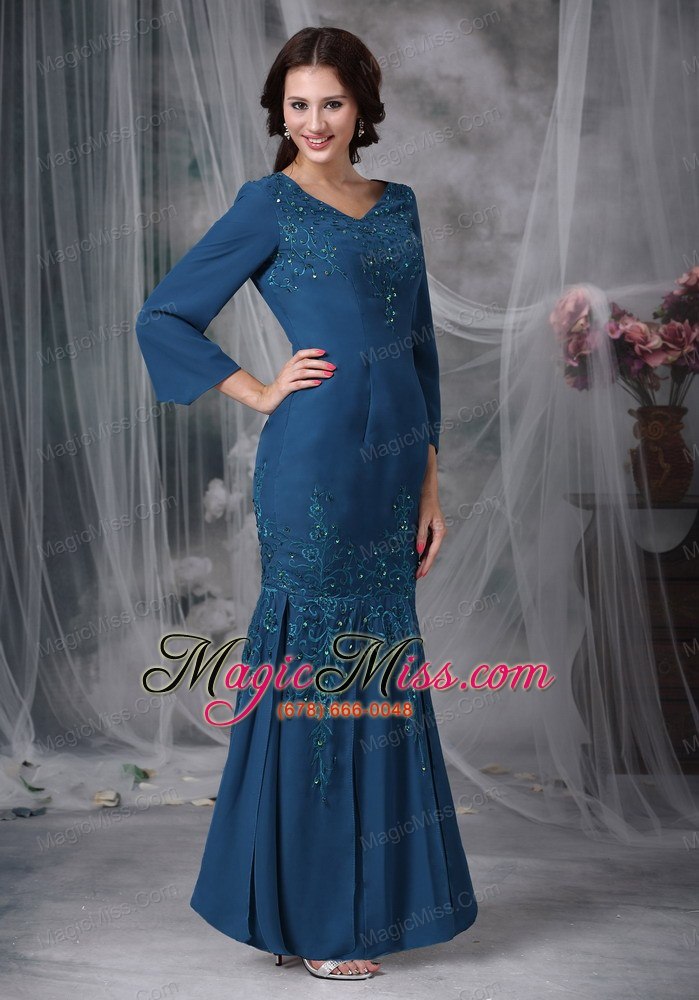 wholesale green mermaid v-neck ankle-length satin beading mother of the bride dress