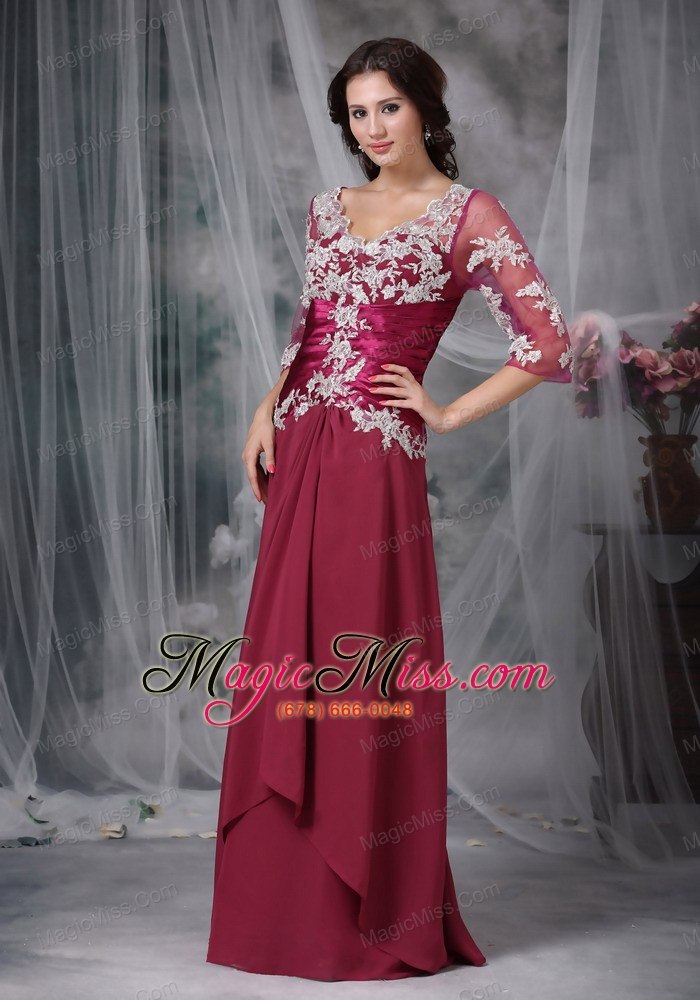 wholesale red column / sheath v-neck floor-length chiffon appliques mother of the bride dress