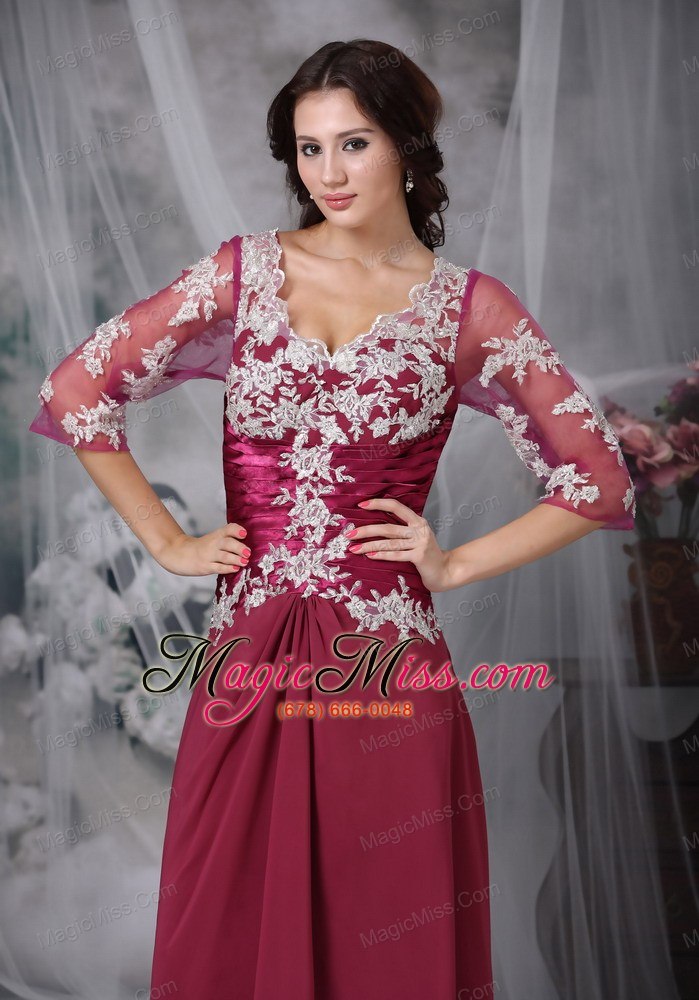 wholesale red column / sheath v-neck floor-length chiffon appliques mother of the bride dress