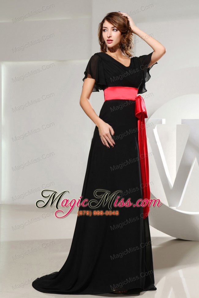 wholesale black prom dress with sash short sleeves and brush train