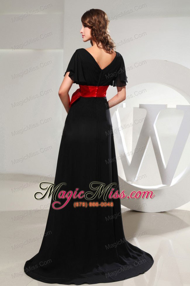 wholesale black prom dress with sash short sleeves and brush train