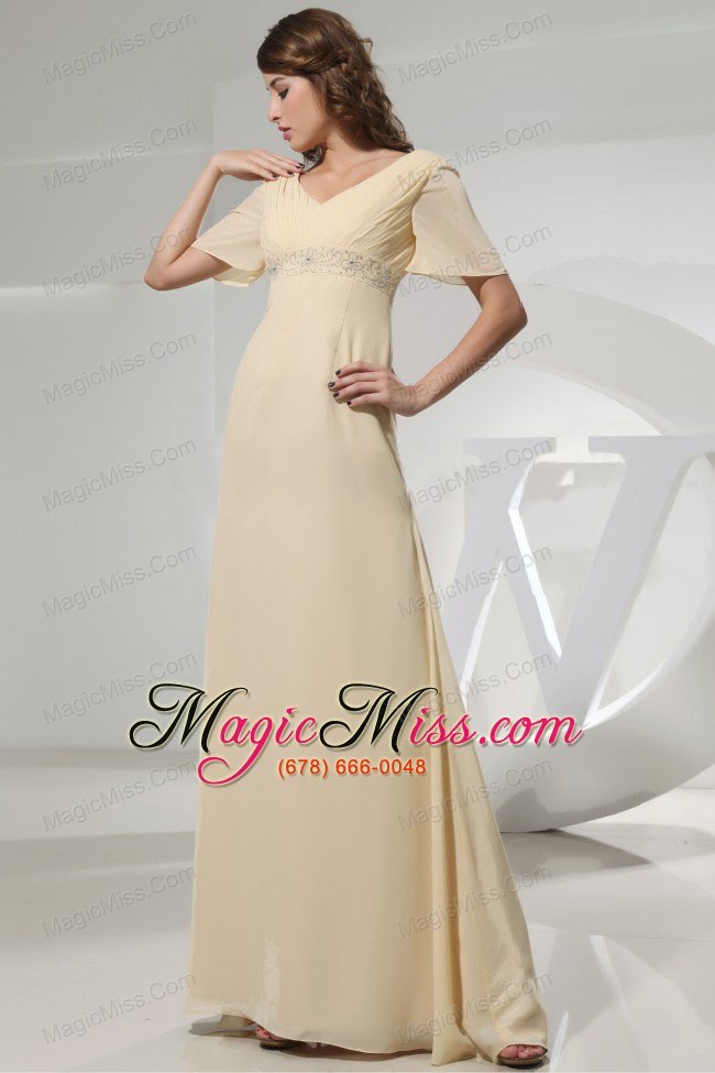 wholesale champagne mother of the bride dress with short sleeves and beading
