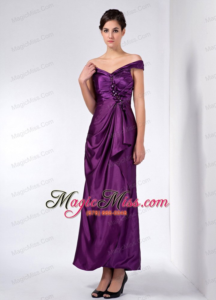 wholesale purple column off the shoulder ankle-length taffeta beading mother of the bride dress