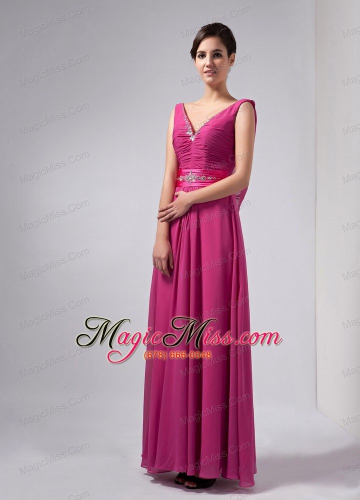 wholesale hot pink column v-neck ankle-length chiffon beading mother of the bride dress