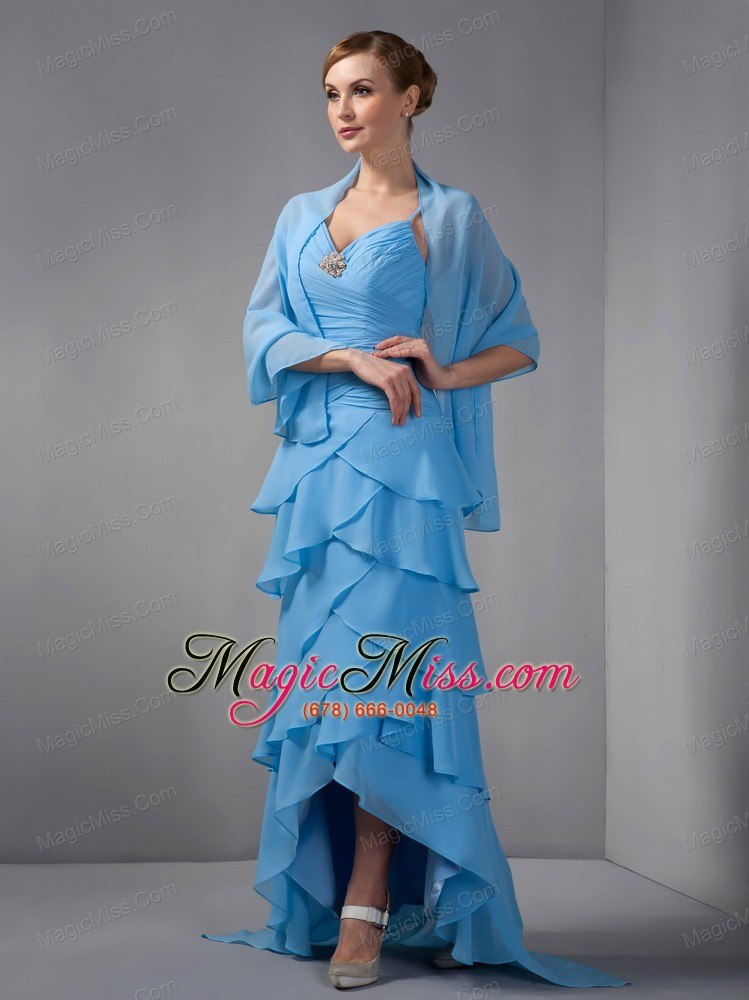 wholesale teal column straps brush train chiffon beading and ruch mother of the bride dress