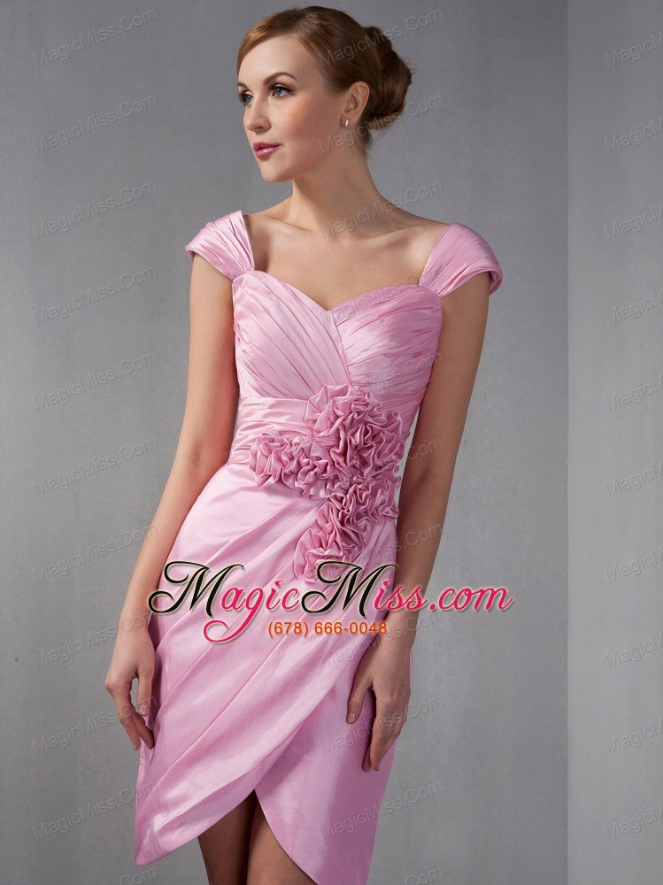 wholesale rose pink column cap sleeves knee-length taffeta ruch and hand made flowers mother of the bride dress