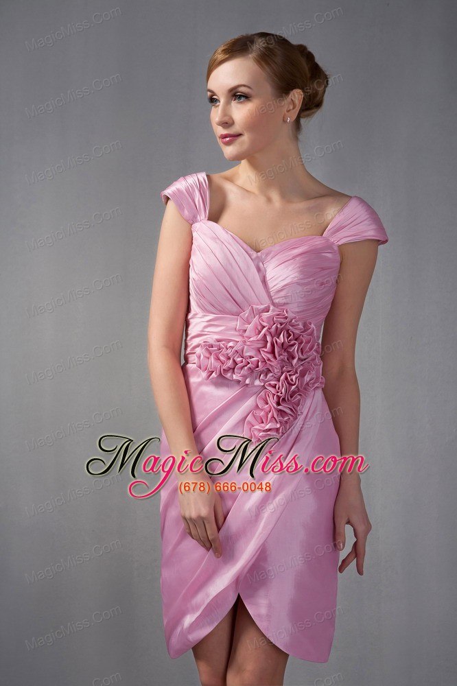 wholesale rose pink column cap sleeves knee-length taffeta ruch and hand made flowers mother of the bride dress