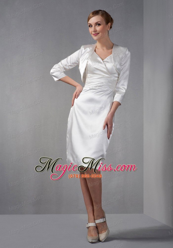 wholesale white column v-neck knee-length taffeta ruch and hand made flowers mother of the bride dress