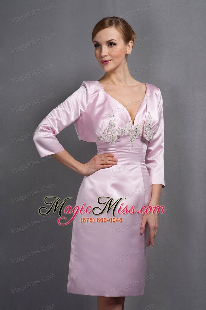wholesale baby pink column v-neck knee-length taffeta ruch and appliques mother of the bride dress