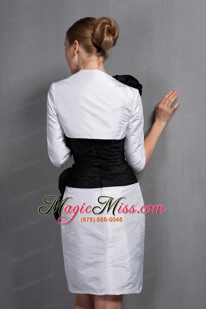 wholesale white and black column strapless knee-length satin hand made flowers mother of the bride dress