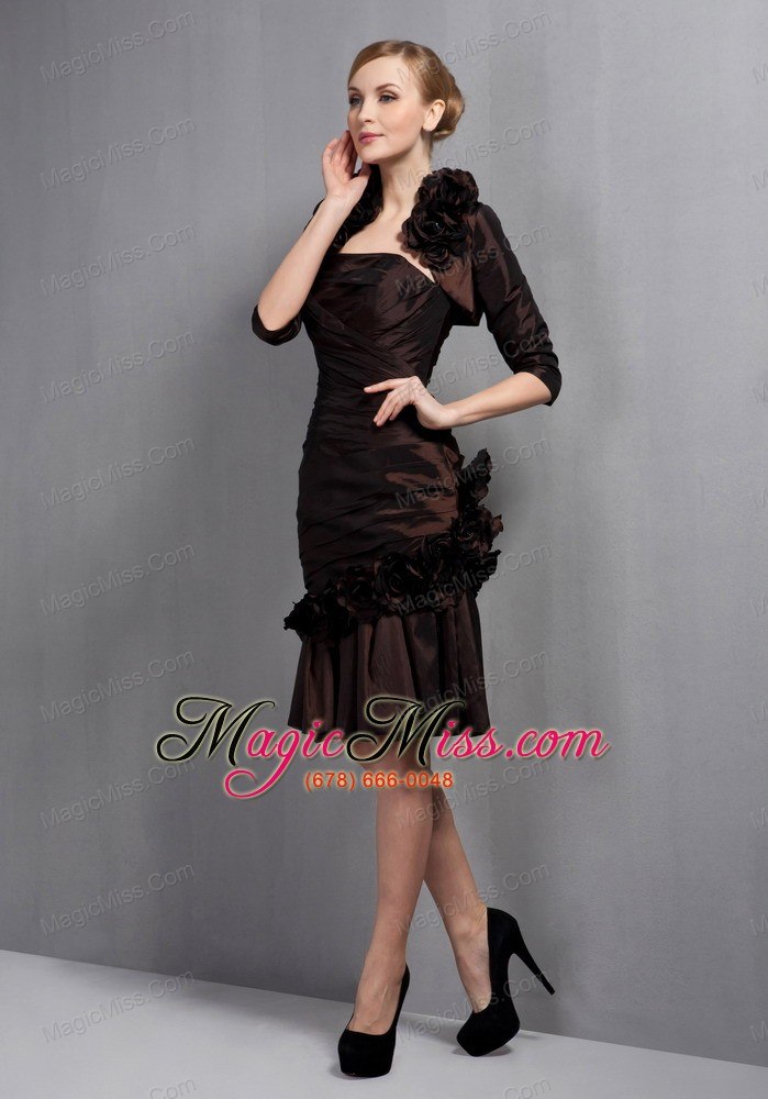 wholesale brown column strapless knee-length satin hand made flowers mother of the bride dress