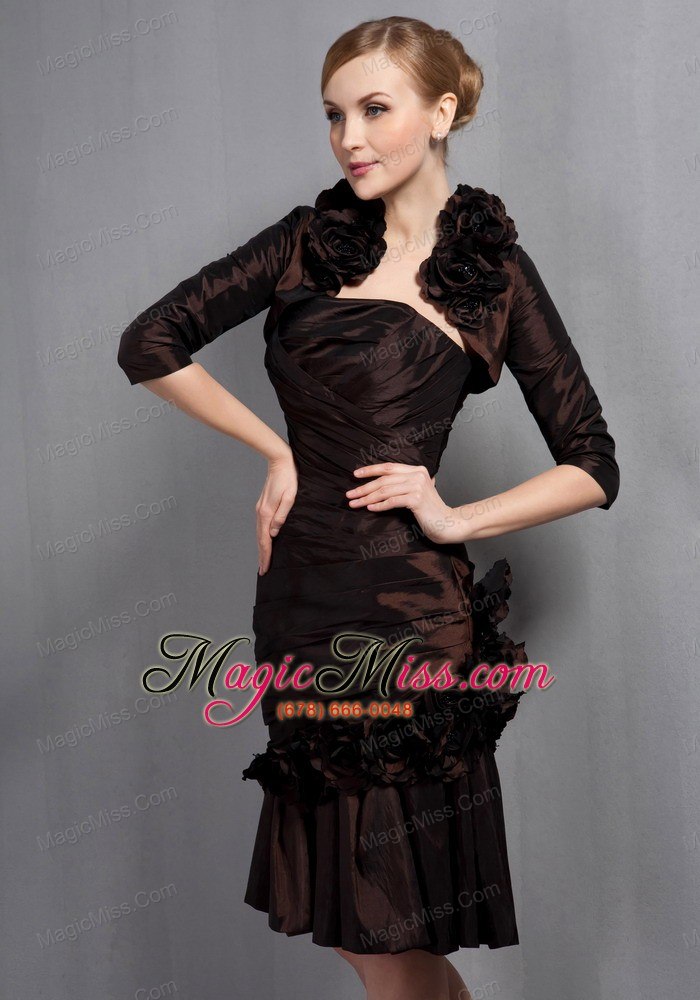 wholesale brown column strapless knee-length satin hand made flowers mother of the bride dress