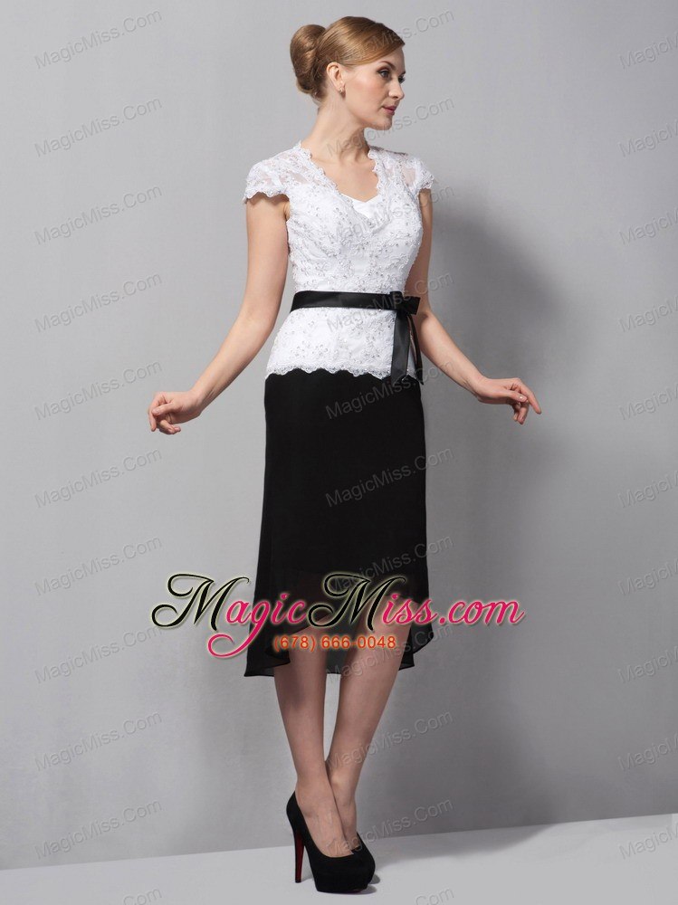 wholesale black and white column square tea-length lace and chiffon sash mother of the bride dress