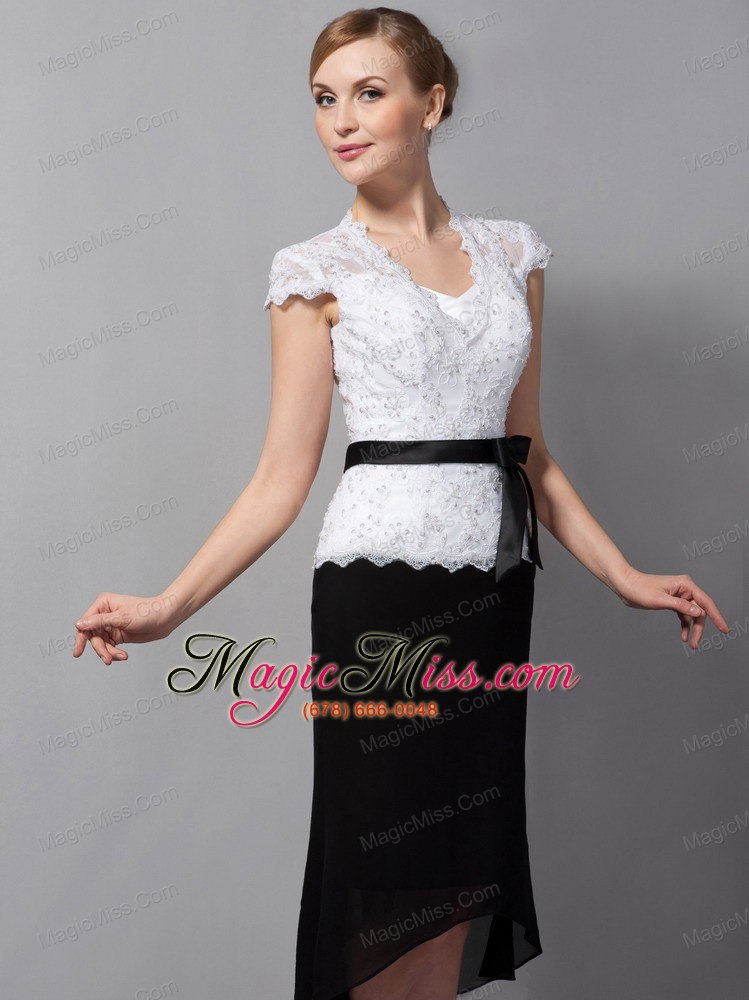 wholesale black and white column square tea-length lace and chiffon sash mother of the bride dress