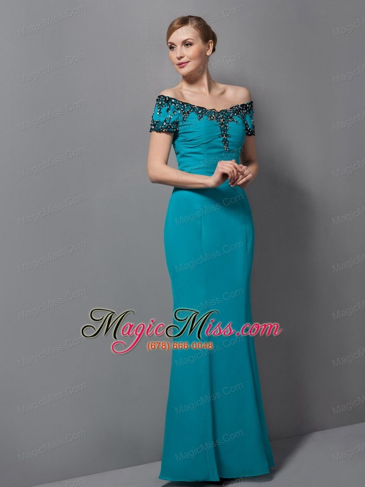 wholesale teal mermaid off the shoulder floor-length chiffon appliques mother of the bride dress