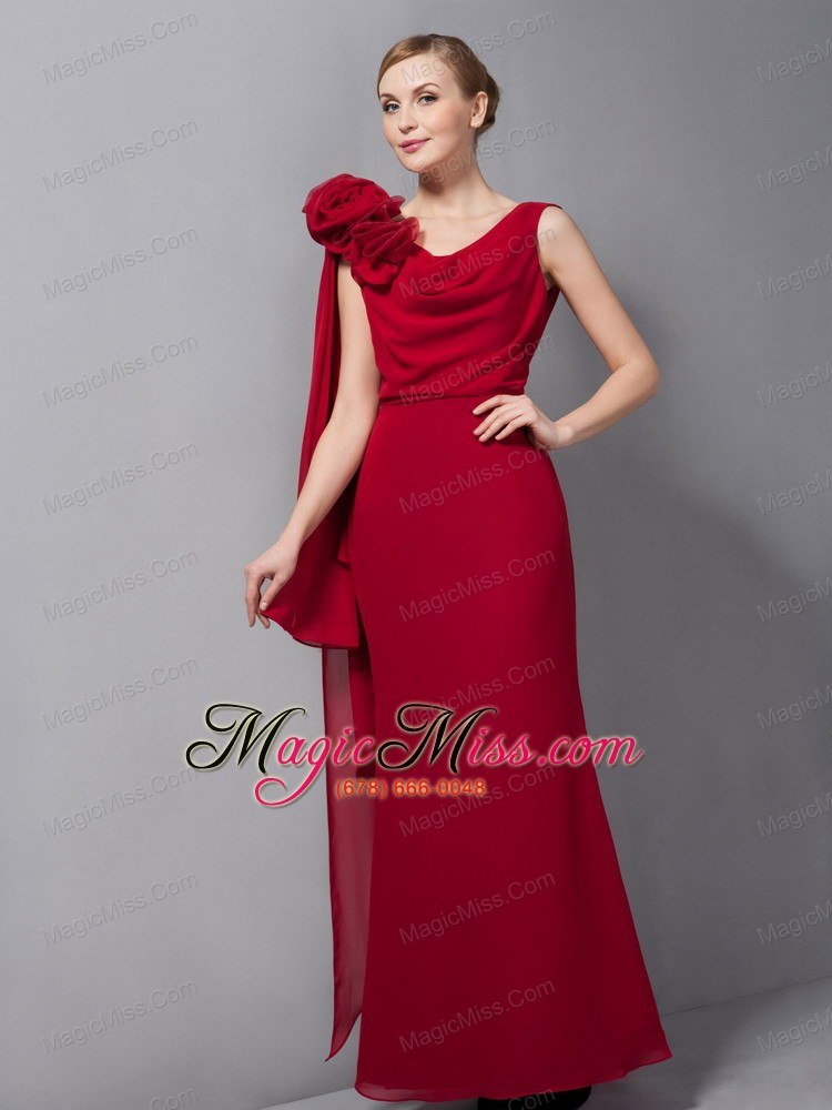 wholesale wine red column v-neck floor-length chiffon hand made flower prom dress