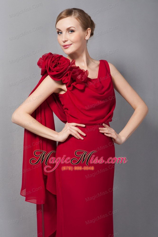 wholesale wine red column v-neck floor-length chiffon hand made flower prom dress